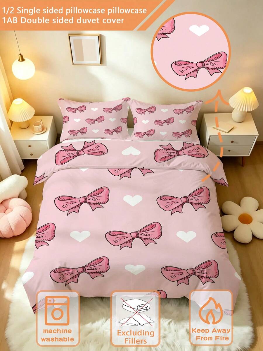 2/3pcs Pink Bow & Heart Children Bedding Set (Spring/Summer Series) Double-Sided Printed Duvet Cover Set, Suitable For Children, Teenagers, Boys And Girls All Seasons, Zipper Closure (Filling Not Included), Pillowcase Size 50x75cm, 100% Polyester - Multicolor - View 1