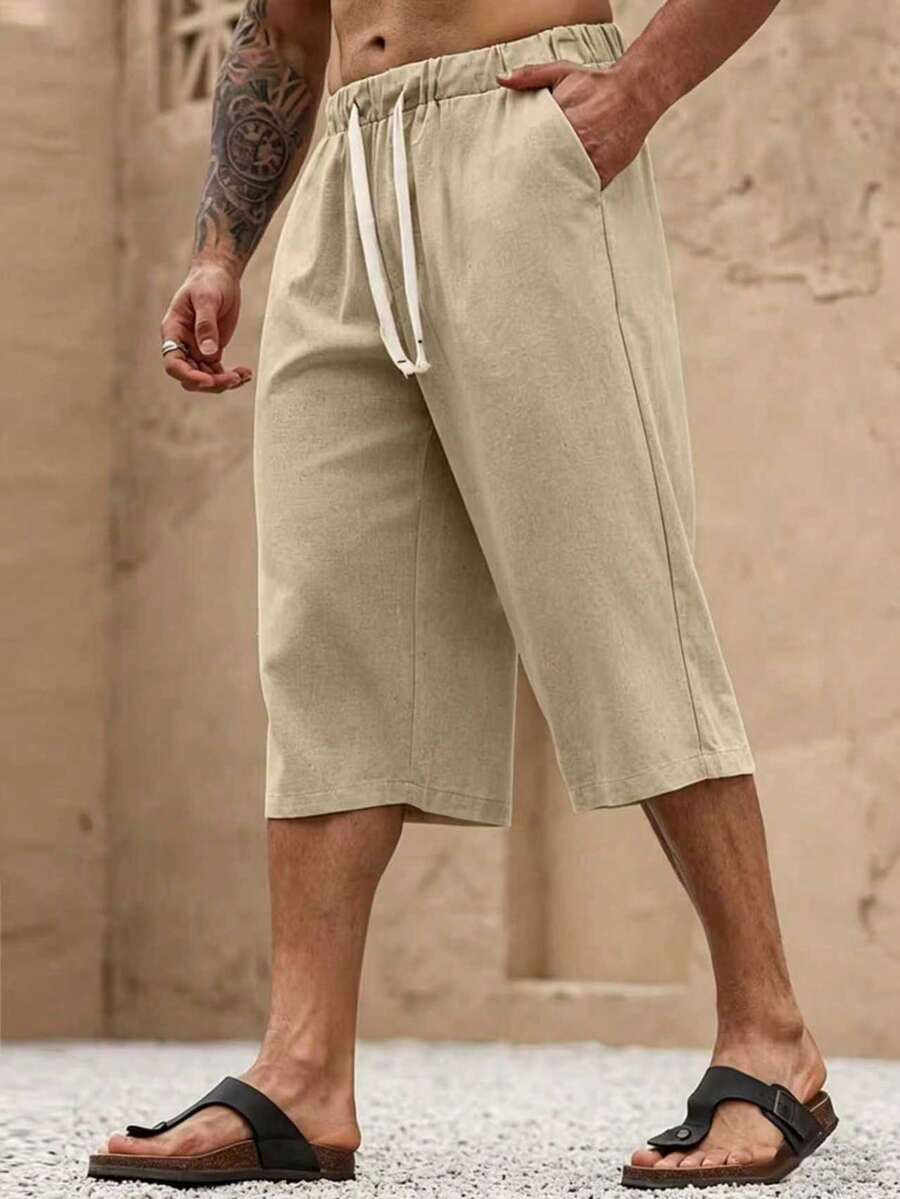 Celana Linen Pria 3/4, Lembut dan Nyaman, Cocok untuk Liburan Pantai, Jalan-jalan Santai, Hadiah yang Bagus untuk Pria - Khaki - View 1