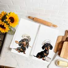 2pcs Dachshund Theme Chef Series Illustration Pattern Kitchen Towels, Rectangular Microfiber Kitchen Towels, Dishcloths, Scouring Pads, Hand Towels, Cooking Baking Tea Towels, Kitchen Decor, Housewarming Gift, Birthday Gift, Bathroom Cleaning Wet Wipes, Decorative Towels - Multicolor - View 7