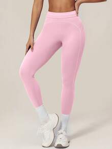 TimeOff Pantalones deportivos largos cortos de cintura alta con control de abdomen, decoración de línea blanca y bloques de color para mujer, 1 pieza - Rosa - Ver 7