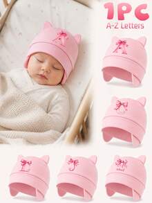1PC Newborn Pink Cat Ear Beanie, Bowknot A-Z Letter Print Ear Protector Baby Hat, Soft Breathable Hospital Cap, Suitable For Baby Daily Rest And Sleep - Pink - View 1