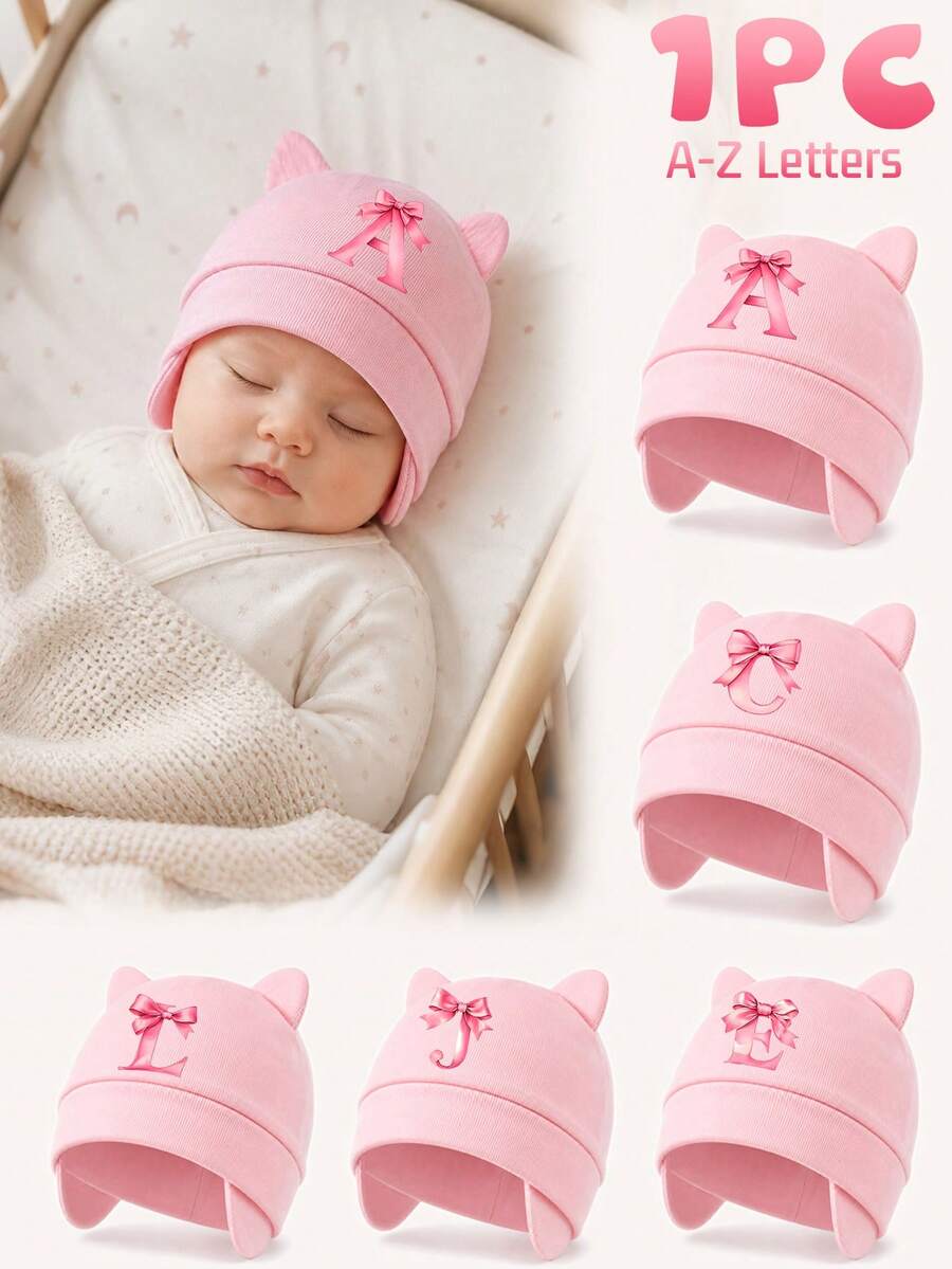 1PC Newborn Pink Cat Ear Beanie, Bowknot A-Z Letter Print Ear Protector Baby Hat, Soft Breathable Hospital Cap, Suitable For Baby Daily Rest And Sleep - Pink - View 1