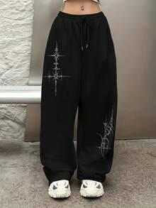 UPTAN Pantalones jogger casuales con estampado de cruz y cintura elástica con cordón, pantalones de pierna recta para mujer - Negro - Ver 1