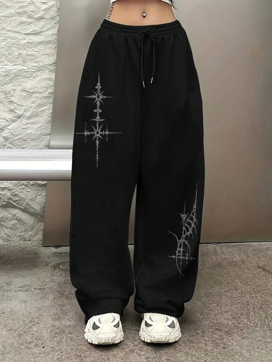 UPTAN Pantalones jogger casuales con estampado de cruz y cintura elástica con cordón, pantalones de pierna recta para mujer - Negro - Ver 1