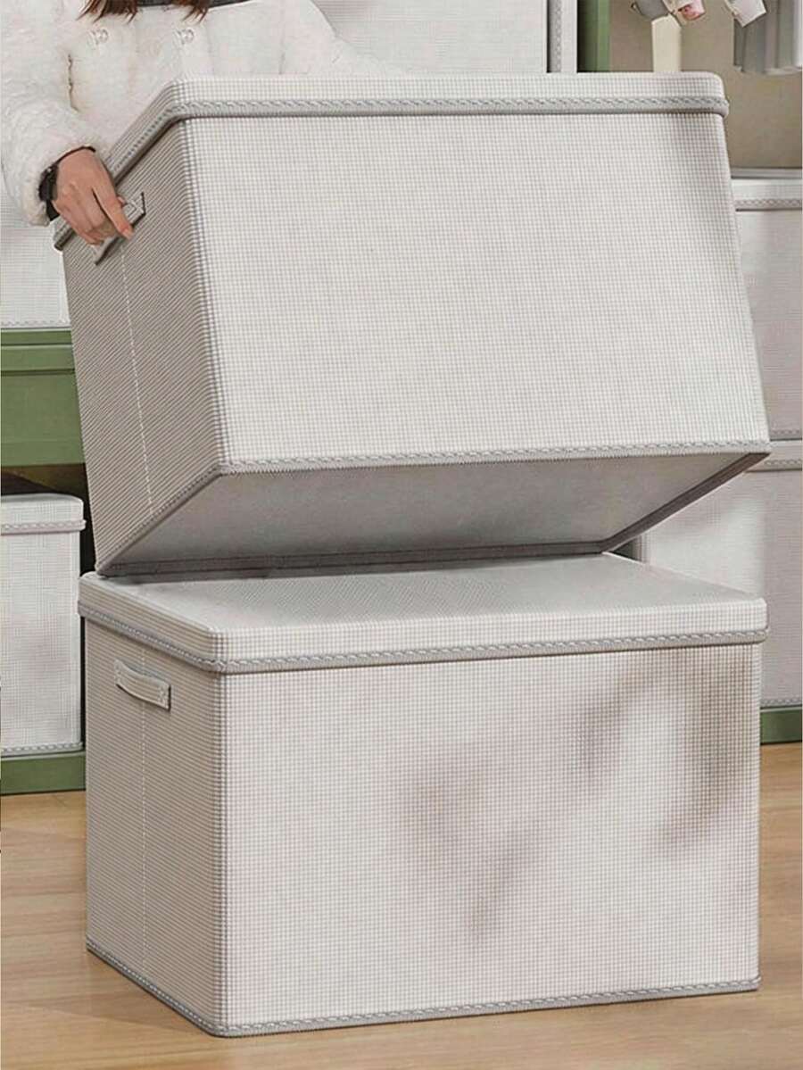 1 PC Herringbone Pattern Large Capacity Storage Box, Minimalist Non-Woven Fabric Cube Shape, Available In Various Sizes. Suitable For Clothing Storage, Wardrobe Organization, Bedroom Clothing Storage, And Quilt Storage. - White - View 1