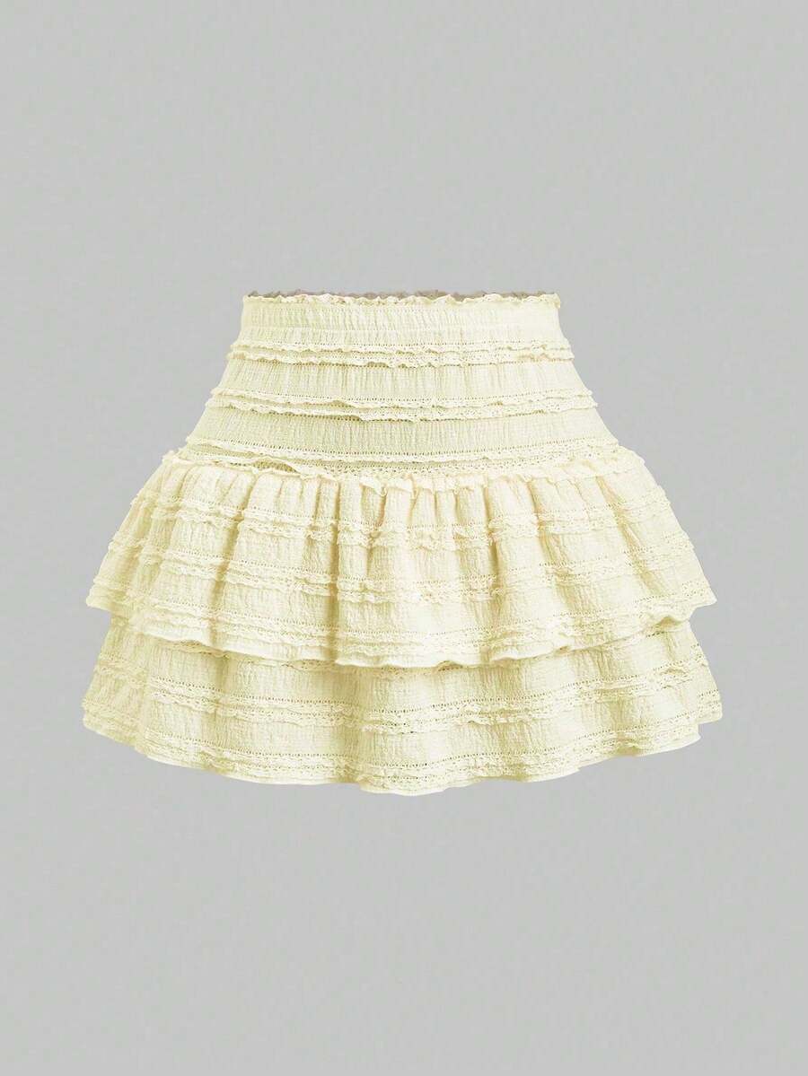 Y2K Casual Resort Mini Skirt With Double-Layered Hem And Solid-Color Ruffle Trim - Yellow - View 1
