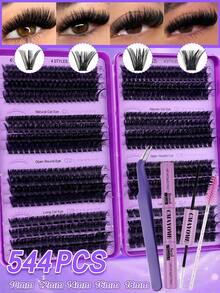 544/640/180 Clusters D Curl Reusable False Eyelash Book, Classic Eyelash Set With Glue, Brush, Tweezers, Suitable For Beginners, Soft Natural Segmented Eyelashes, Fluffy Mixed DIY Eyelashes, Easy For Daily Makeup Use, Gift For Her - Purple - View 5