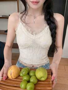 Summer Minimalist Sexy Eyelash Lace Camisole Tank Top For Women, Inner Wear With Chest Pads, French Gentle Style For Outings And Vacation Casual - Apricot - View 4