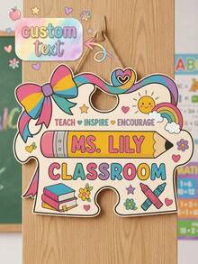 1pc Personalized Custom Teacher Name Classroom Door Sign, Custom Text Design, Cute Themed Welcome Plaque(School Supplies/Flower/Rainbow), Durable Wood Hanger With Rope, Ideal For Classroom Door/Nursery Decor, Thoughtful For Teacher'S Day Gift - Multicolor - View 6