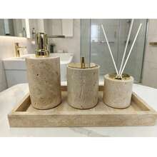 Luxury Marble Bathroom Accessories Set, Soap And Lotion Dispenser Bottles, Reed Diffuser With Tray, Elegant Vanity Storage Box, Home Decor - Beige - View 1