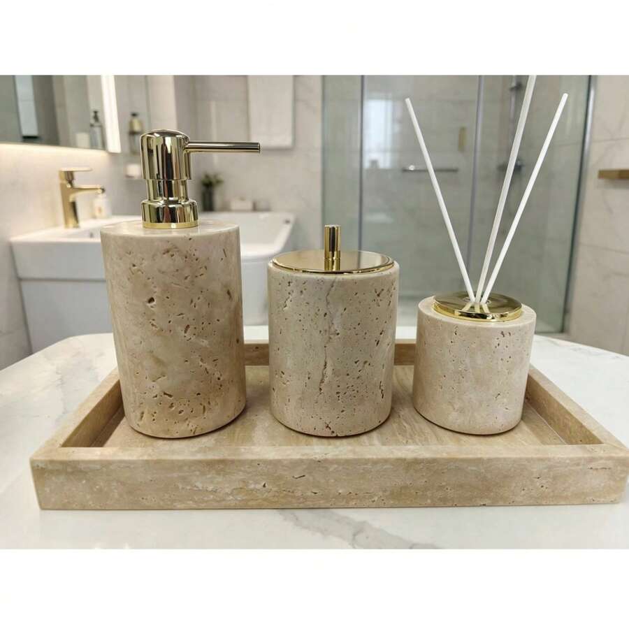 Luxury Marble Bathroom Accessories Set, Soap And Lotion Dispenser Bottles, Reed Diffuser With Tray, Elegant Vanity Storage Box, Home Decor - Beige - View 1