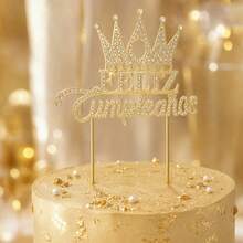 1個亮面水鑽「Feliz Cumpleaños」合金蛋糕裝飾插牌，西班牙文生日快樂派對裝飾 - 查看 7