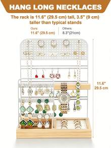 Jewelry Stand Holder Organizer, Jewelry Display Storage With Ring Tray, , Jewelry Display Stand With Metal Frame And Wood Velvet Tray, Necklace Earring Bracelet Holder, For Studs, Rings, Gift Idea, Home Room Dorm Decor For Teen Girls, Black / White - White - View 5