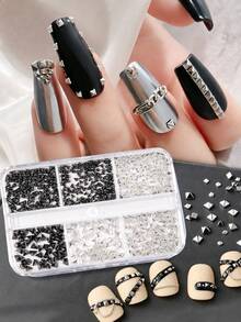 6 piezas de pendientes de botón con colgante de metal estilo punk cuadrado, remaches de metal plateado y negro, estilo gótico rock, mini accesorios para arte de uñas, estilo japonés, decoración de uñas con remaches, suministros para uñas, gemas para uñas, dijes para uñas - Multicolor - Ver 4