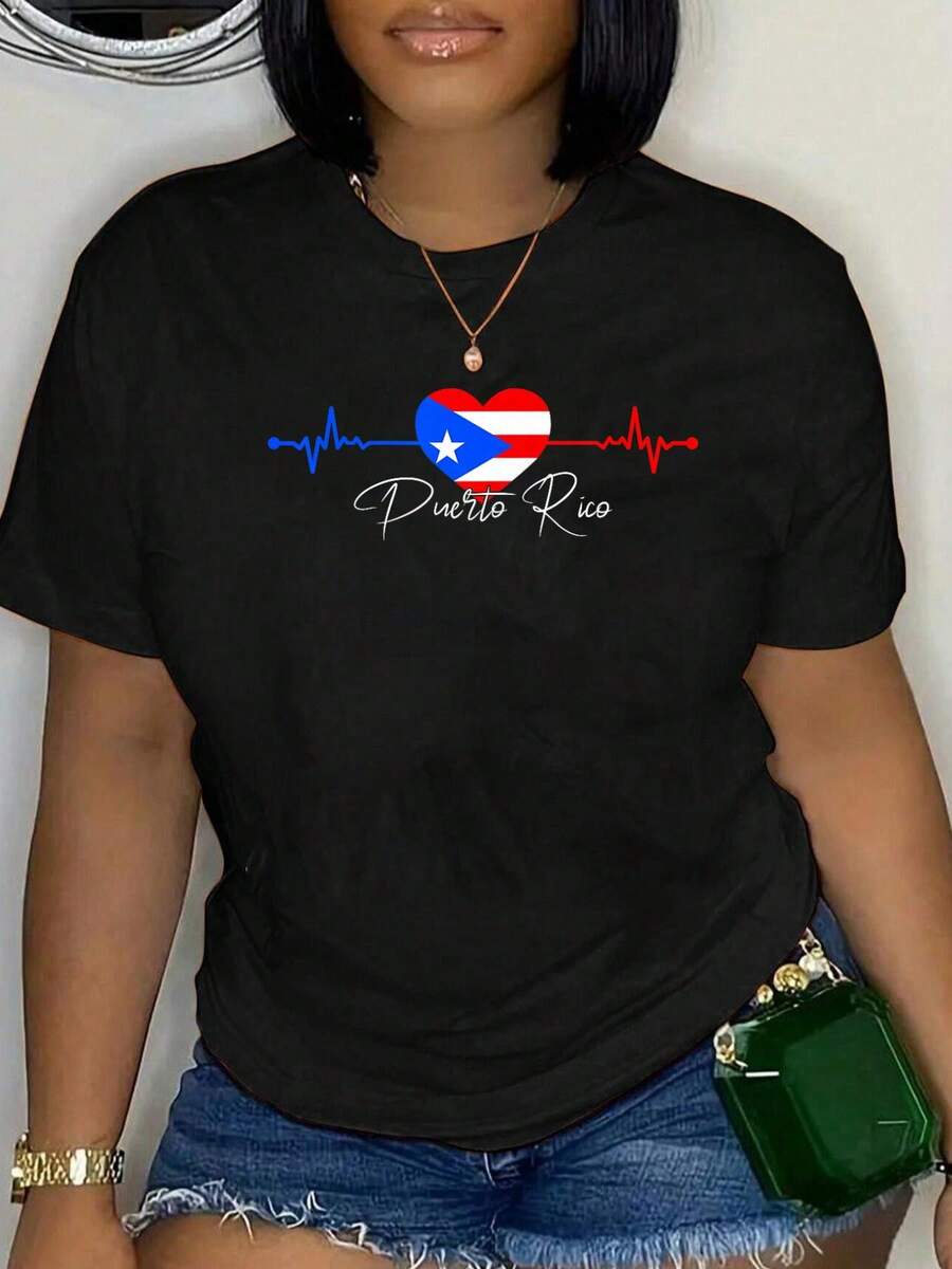 100% Cotton Puerto Rico Flag Heart Love Vacation Trip T-Shirt Women's Men's Oversized Comfort Soft Crew Neck Tee Tops - 黑色10 - 查看 1
