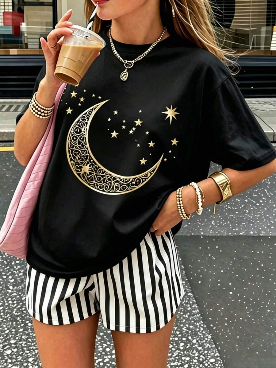2pcs Vintage American Style Sun Moon Star Print, Striped Colorblock Casual INS Style Women's Round Neck Pajama Set, Loungewear - Black - View 1