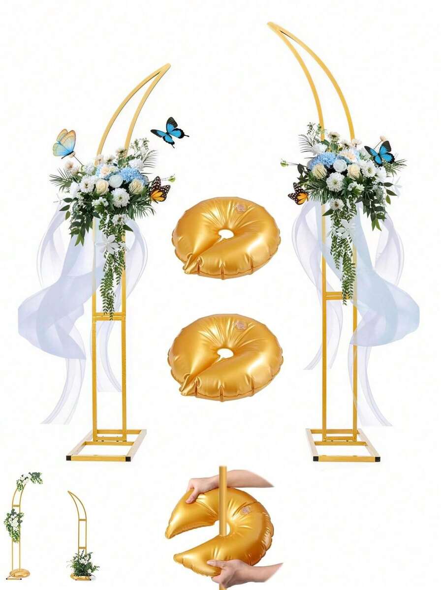2件組金色弧形婚禮拱門架套組,含充氣底座與U型水袋,金屬花卉氣球框架,適用於儀式、攝影背景、新娘派對、訂婚、生日派對及婚禮裝飾 - 多色 - 查看 1