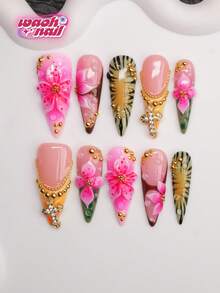 Almond-Shaped Handmade Press-On Nails Y2K Baddie Style, Nude, Green, Yellow, Brown, Red Nail Tips With French Tips, Carved Patterns, Steel Beads, Crosses, Tie Dye, Water Droplets, Zebra Stripes Design Pure Handmade Press-On Nails, Suitable For Women And Girls, Shiny Nail Tips, 10 Pieces 3 Sizes, Suitable For Parties, Balls, Daily Wear, Includes Tool Kit, Can Be Given As A Gift To Women And Girls. - Multicolor - View 1