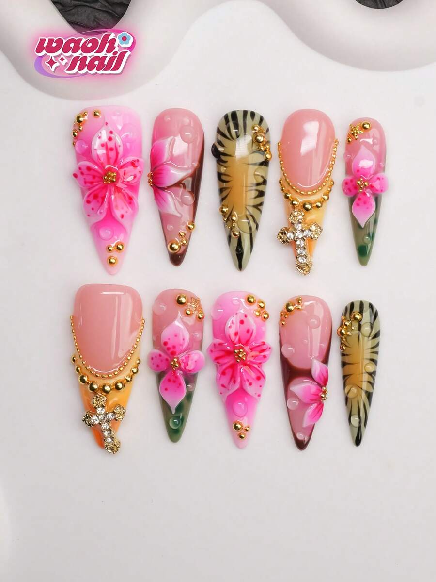 Almond-Shaped Handmade Press-On Nails Y2K Baddie Style, Nude, Green, Yellow, Brown, Red Nail Tips With French Tips, Carved Patterns, Steel Beads, Crosses, Tie Dye, Water Droplets, Zebra Stripes Design Pure Handmade Press-On Nails, Suitable For Women And Girls, Shiny Nail Tips, 10 Pieces 3 Sizes, Suitable For Parties, Balls, Daily Wear, Includes Tool Kit, Can Be Given As A Gift To Women And Girls. - Multicolor - View 1
