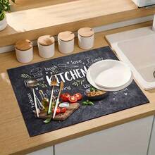 1 pieza Tapete de secado de platos, Tapete para máquina de café, Tapete de drenaje con patrón de tema de cocina estilo pizarra dibujado a mano, Duradero y altamente absorbente, Adecuado para mesa de comedor, cafetería y otros escenarios, Agrega una atmósfera cálida de cocina al área de comedor, Tapete de drenaje multiusos, Regalo para el hogar, Decoración de mesa - XYLSD-507 - Ver 7