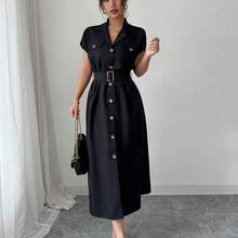 Vestido camisero casual de mujer de unicolor, de manga corta, con cuello de solapa y abotonadura sencilla hasta la mitad del muslo - Caqui - Ver 5