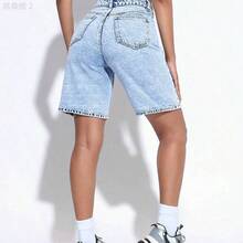 xuehuamaoyi02  PETITE Short bermuda de mezclilla para mujer, de corte holgado y casual, con bolsillos - Azul - Ver 3