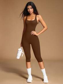 Women's Yoga Capri Jumpsuit Square Neck Backless Tummy Control Butt Lifting, Workout Shorts Romper Seamless Ribbed Sleeveless Unitard For Gym Sports - Brown - View 5