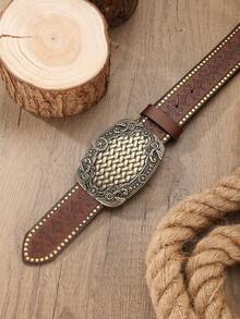 1pc Men's Western Style Large Buckle PU Leather Embossed Belt, Suitable For Jeans (Includes Hole Punching Nails) - BH1134 - View 7