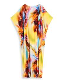 Plus Size Colorful Abstract Print V Neck Batwing Sleeve Kaftan Dress Loose Flowy Maxi Beach Cover Up For Summer Vacation Party Lounge Wear - Yellow - View 3