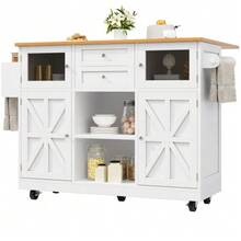 Kitchen Island, Serving Cart With Worktop, Sideboard, Wood-Finish Serving Cart, Side Towel Rack, Three-Dimensional Cupboard Doors On Casters, Adjustable Partitions, White - 白色 - 查看 11