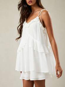 Womens Summer Romper Dress Chiffon Spaghetti Strap Sleeveless Ruffle Tiered Short Jumpsuits Beach Vacation Rompers - White - View 4