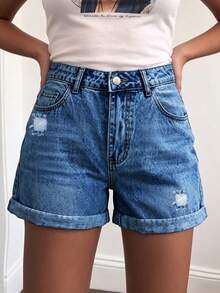 New Classic Versatile Minimalist Casual Non-Stretch Washed Solid Color Cuffed Hem Women's Pocket Straight Leg Denim Shorts - Dark Wash - View 7