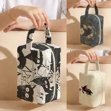 1 pieza Bolsa de pana con estampado de gato con asa, bolsa de maquillaje y artículos de tocador, cierre con cremallera. Plegable, duradera, multiusos para viajes, uso diario y estudiantes - Multicolor - Ver 1