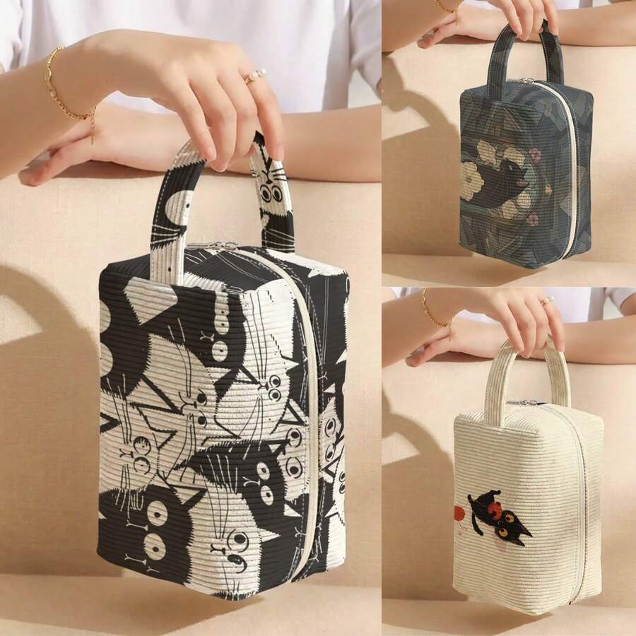 1 pieza Bolsa de pana con estampado de gato con asa, bolsa de maquillaje y artículos de tocador, cierre con cremallera. Plegable, duradera, multiusos para viajes, uso diario y estudiantes - Multicolor - Ver 1