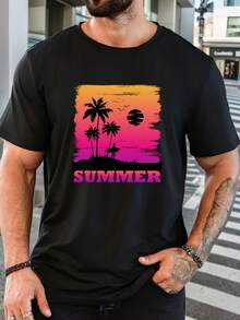 Men's Short Sleeve Graphic T-Shirt Summer Sunset Palm Tree Surfer Print Casual Tee Christmas Holiday Gift For Him - Black - View 6
