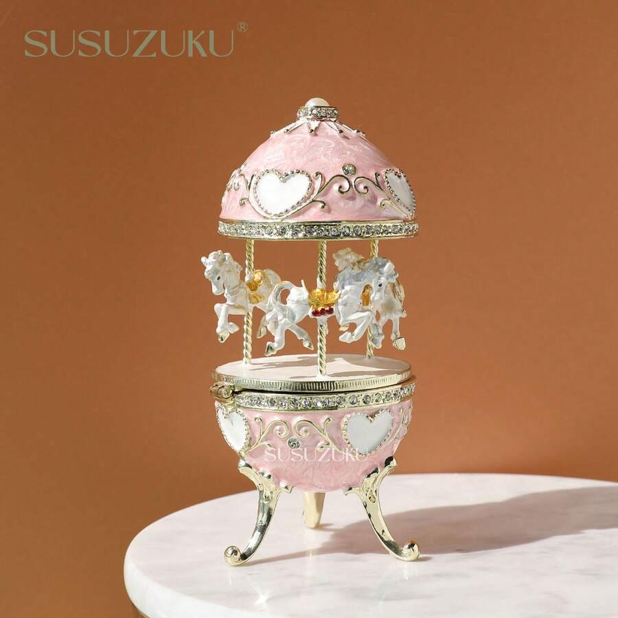SUSUZUKU 1个珐琅镶嵌旋转合金蛋形首饰盒，手工艺品，家居装饰，送女友的礼物 - 木馬蛋 - 查看 1