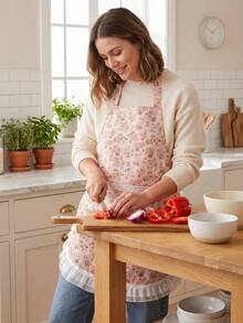 1pc Multicolor Floral Lace Trim Apron, Women's Apron, Fashionable, Breathable, Flower Arrangement Apron, Home Apron, Suitable For Kitchen Cooking, Baking, Gardening, Party Scenes, Lightweight, Household Style - Multicolor - View 5