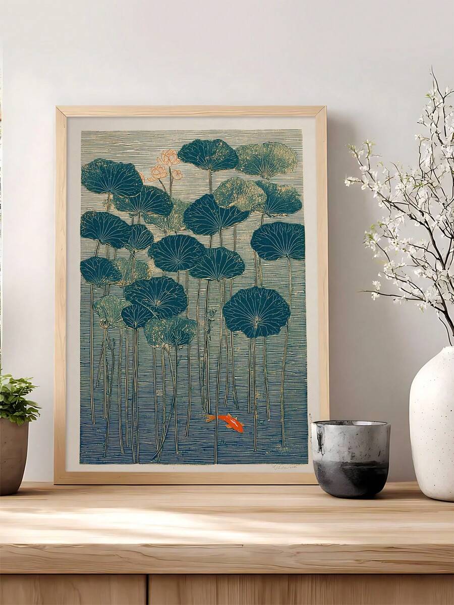1件蓮花與錦鯉海報,日式植物藝術,日式青蛙撐傘海報,理想禮物,適合臥室、客廳、廚房、牆面藝術、牆面裝飾、家居裝飾、房間裝飾、帆布牆面藝術、海報、帶框牆面藝術,可選框 - 1PCS - 查看 1