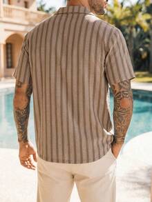 Men's Striped Button-Down Shirt, Short Sleeve, Collar, Textured Striped Print, Brown Khaki Top, Vintage Aesthetic, Understated Luxury, Beach Vacation, Soft Touch, Casual Summer Holiday Outing Shirt - White - View 3