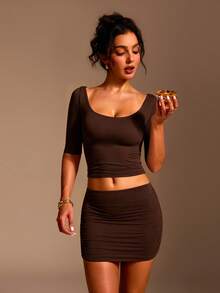 XLLAIS Sexy Sweetheart Neck Yoga Basic High Elasticity Naked Feel Slim Fit Brown 3/4 Sleeve Summer Sports T-Shirt Casual Back To School Style - Dark Brown - View 6