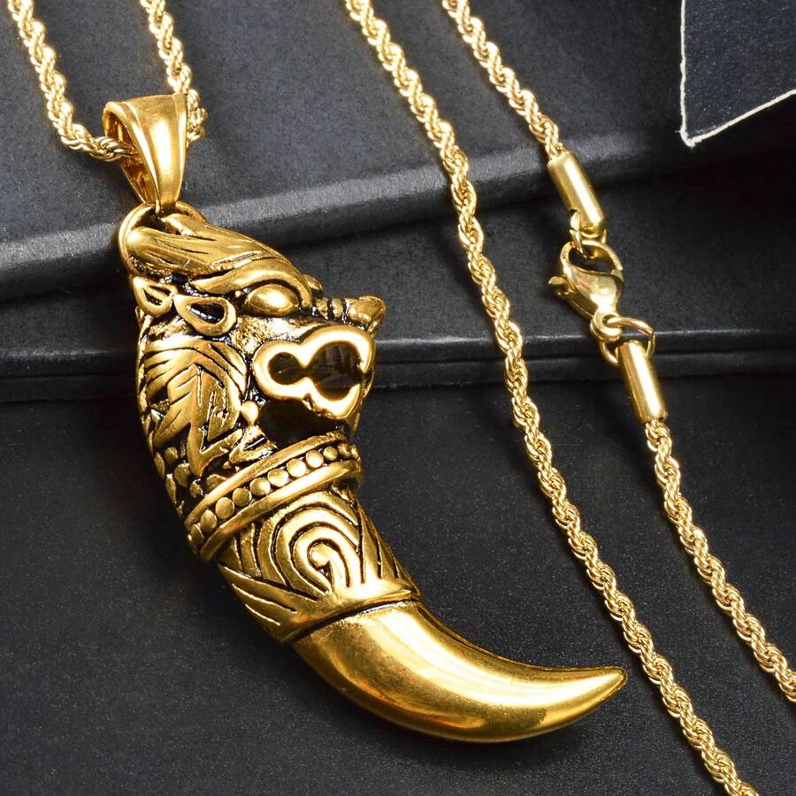復古厚款 18K 金鍍層不鏽鋼 3D 龍紋狼牙吊墜項鍊 凱爾特風格 男士日常派對佩戴 搶眼飾品 - 金色 - 查看 1