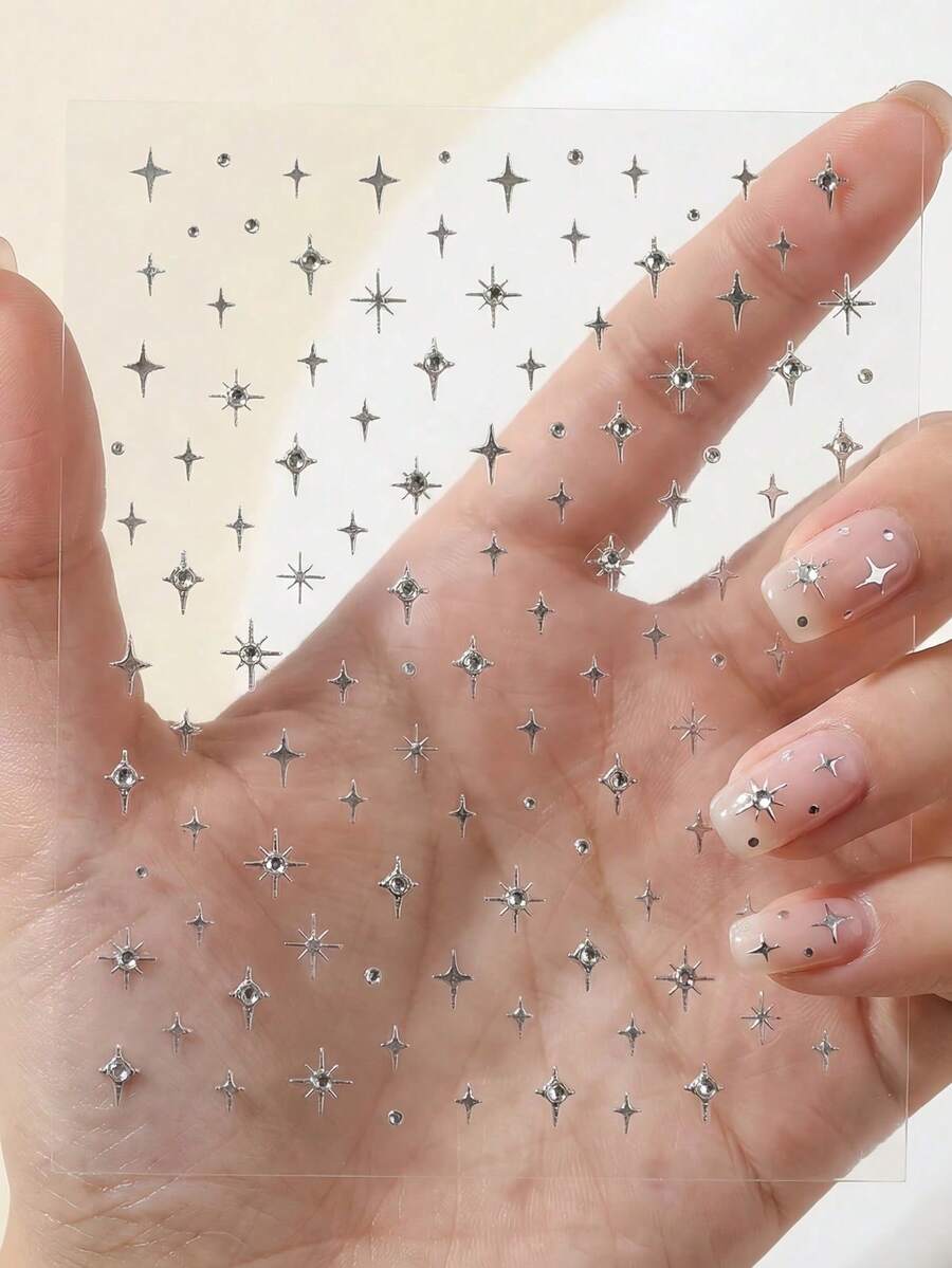 1pc 5D Rhinestone Star Nail Stickers, Luxury Laser Silver Self-Adhesive Cute Nail Art Decor - Multicolor - View 1