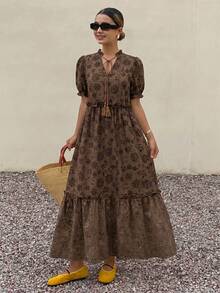 Long Puff-Sleeved Dress With A Knotted Waist, Embroidered Neckline, And Openwork Ruffles; A Bohemian Beach Dress Perfect For Vacations. - 棕色 - 查看 12
