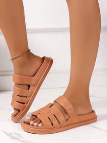 Spring/Summer Women's Solid Color Minimalist Versatile Breathable Open Toe Lightweight Soft Outdoor Home Beach Pool Slide Sandals - Brown - View 4