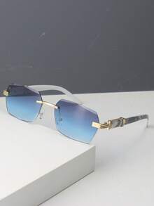 1pc Frameless Rectangular Men's Fashion Glasses Vintage Glasses Suitable For Outdoor Vacation Use - Gray Blue - View 2