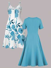 Spring Summer Autumn Plus Size Women's Elegant Vintage Floral Print Cami Dress With Versatile Solid Color Cardigan 2-Piece Set - Sky Blue - View 5