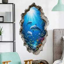 3D Broken Wall Dolphin Ocean Wall Sticker, Underwater Wall Decal For Bathroom Bedroom Living Room Home Decor - TM6512 - View 3