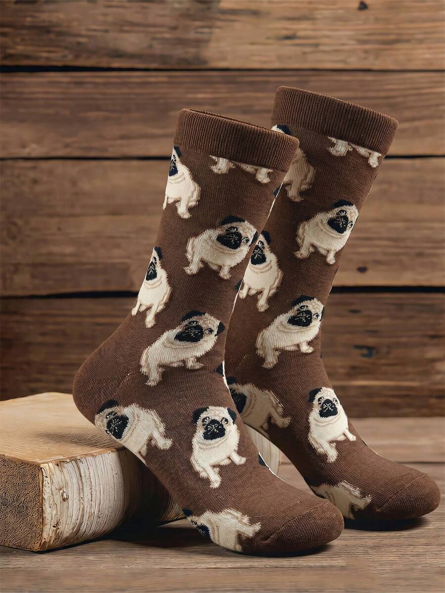 GNIM HL Calcetines de tripulación con estampado de perro para hombres, calcetines de otoño - Marrón - Ver 1