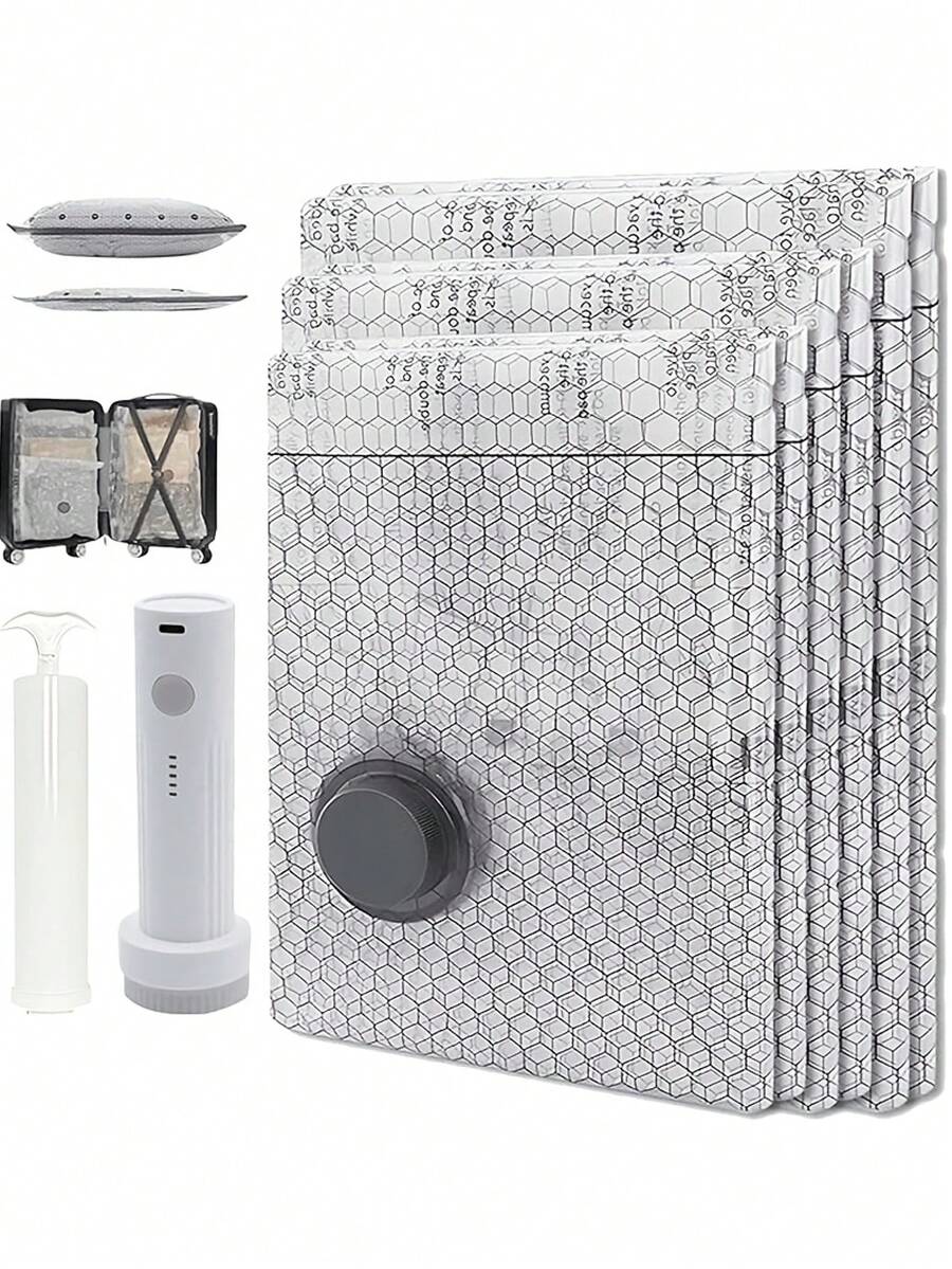 1/7pcs Travel Vacuum Storage Bags With Manual Air Pump, Grid Pattern, Reusable, For Clothes, Quilts, Blankets, Pillows, Bedding, Sealing, Clothing Storage, Travel Accessories, Organization Essentials