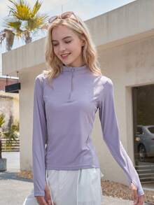 CAMEL CROWN Women's Outdoor Sports Quick-Dry Long Sleeve T-Shirt, Elastic Short Sleeve Fitness Running Yoga Top - Waffle Purple - View 6